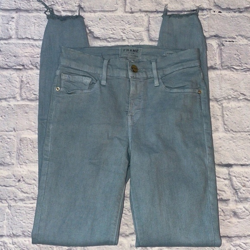 Frame Le Skinny De Jeanne Dark Wash Denim Hi Rise Distressed Fray Stretch Jeans